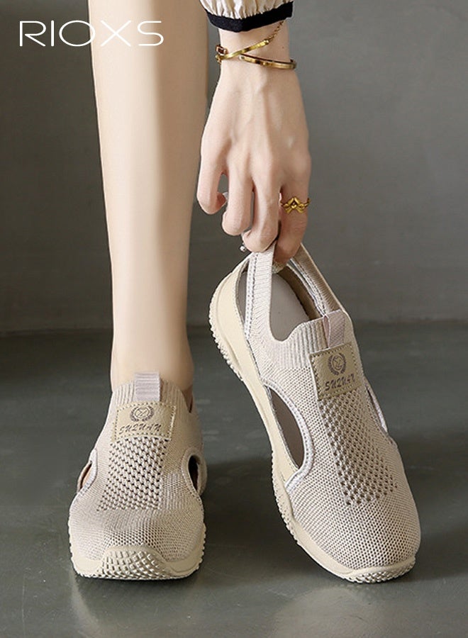 RIOXS Women's Casual Sneakers, Breathable Knitted Mesh Lining, Shock-Absorbing Moisture-Wicking, Durable Slip-Resistant Round-Toe Lace-Up Low-Top Shoes, Perfect for Walking, Commuting, or Casual Outings, Khaki - Image 1